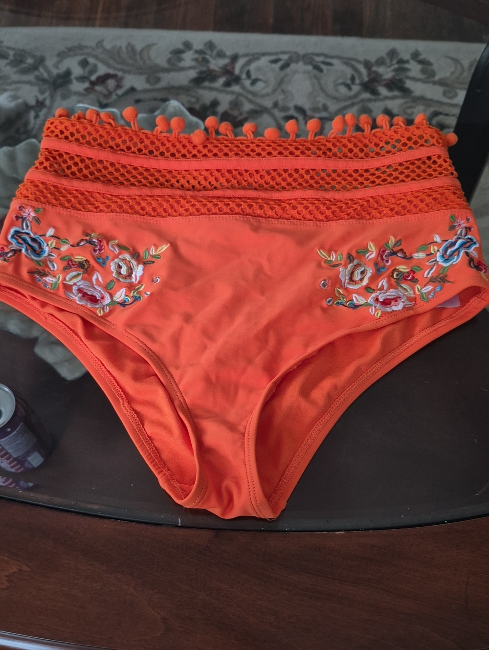ASOS Orange High-Waist Embroidered Bikini Bottoms with Crochet Trim